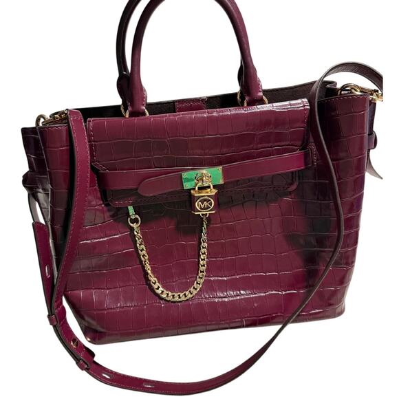 Michael Kors Hamilton Legacy Crocodile Embossed Leather Belted Satchel Burgundy - Picture 3 of 16